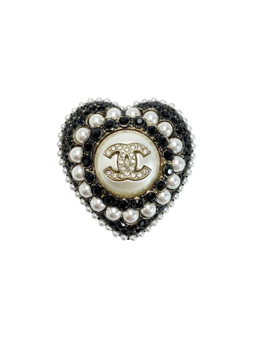 Chanel Heart L22 B GP Rhinestone Faux Pearl Black Brooch